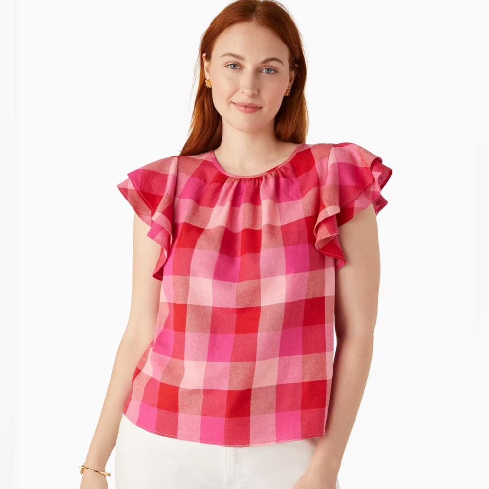 Kate Spade Picnic Woven Flutter-sleeve Top in pink/red-EUC!